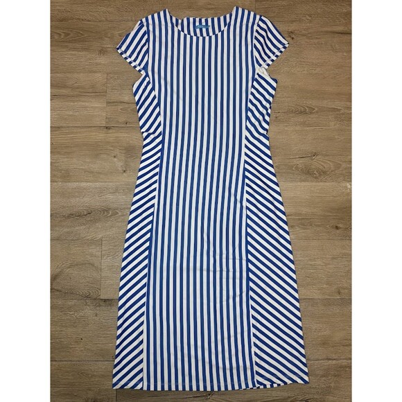 J. McLaughlin Dresses & Skirts - J. McLaughlin Blue White Striped Midi Dress XS Slimming Stretch Preppy